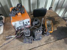 LOT OF HAWKINS PRO 30 BATTERY CHARGERS/TESTERS, WALKIE TALKIES & RADIOS - NOT TESTED