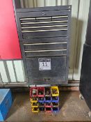 DRAWER TOOLBOX & LIN BINS WITH ASSORTED BOLTS, SCREWS, SOCKETS & TIRE REPAIR KITS