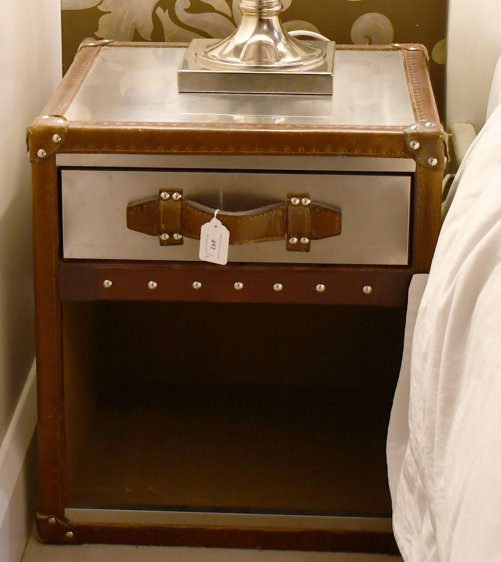 A pair of metal trunk style bedside cabinets with single drawers, 49 x 44 x 44cm (2)