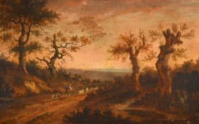 Early 19th Century Flemish School. Shepherd and Flock on a Path, Oil on panel, 9.8