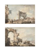 Follower of Francesco Guardi (1712-1793) Italian. A Pair of Capriccio Scenes, Gouache, 4" x 6.25" (