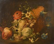 18th Century European School. Still Life of Flowers with a Wicker Basket, Oil on canvas, In a carved