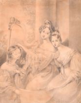 19th Century European School. Ladies with a Harp, Watercolour and pencil, Inscribed in pencil on the