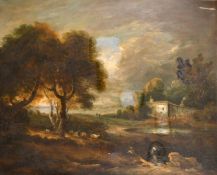 19th Century English School. Figures and Cattle in a River Landscape, Oil on canvas, 24.75