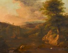 Manner of Gaspard Dughet (1615-1675) Italian. A Figure in a Classical Landscape, Oil on panel, 9.25