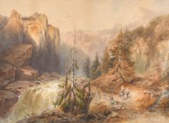 Percival Skelton (fl.1849-1887) British. Travellers in a Rocky Gorge, Watercolour, Signed and