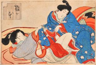 19th Century Japanese School. A Set of Seven Shungas, Woodblock, unframed 3.1" x 4.6" (8.2 x 11.