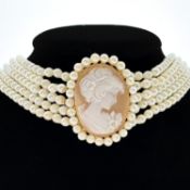 Cultured pearl choker with cameo clasp. The five rows of 3.5mm cultured pearls to a shell cameo