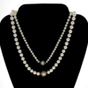 Two cultured pearl necklaces. 1st: The graduated row of 6.9-9.2mm cultured pearls on a pearl