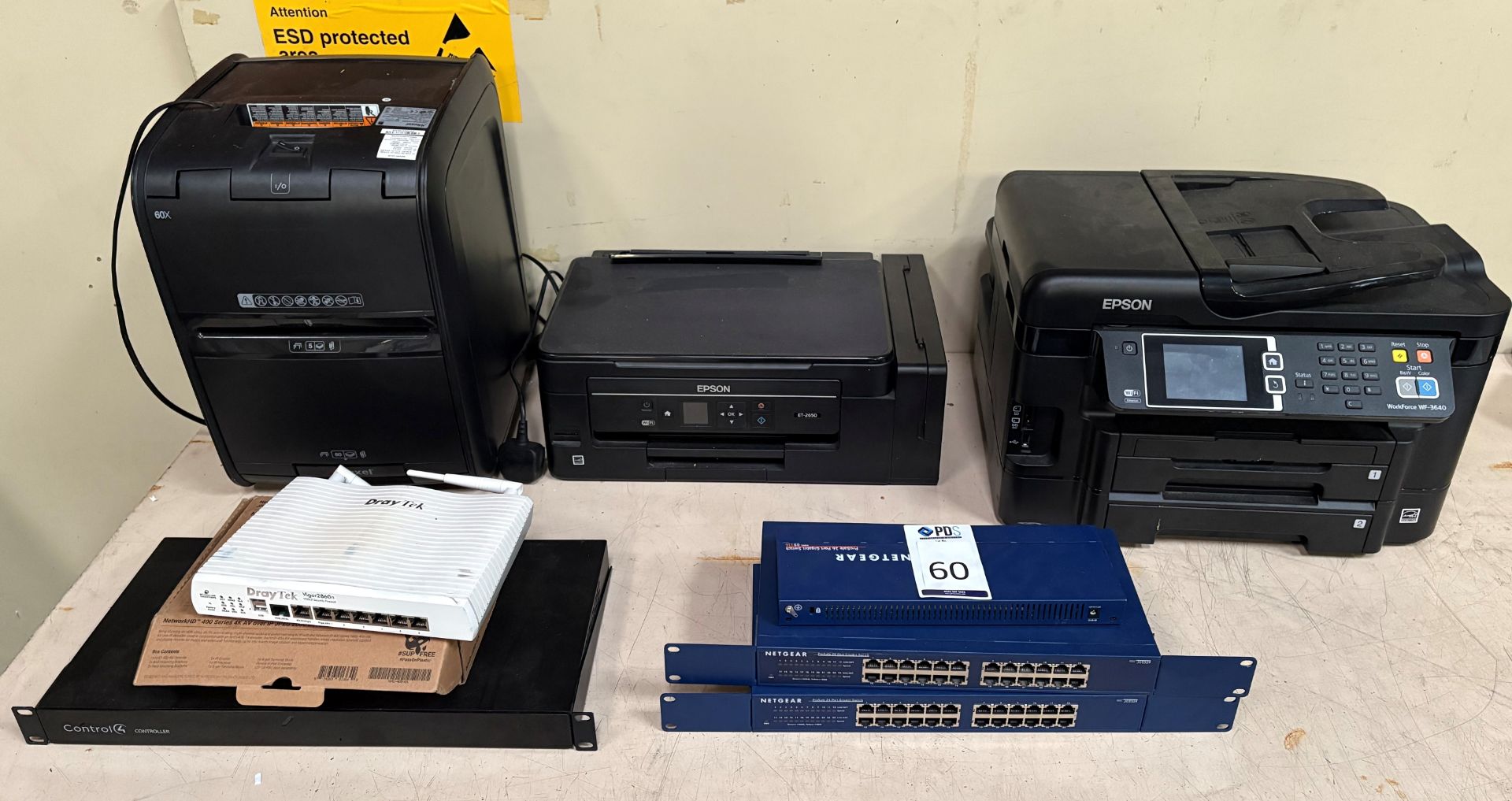 2 Epson Office Printers, Rexel 60x Autofeed Paper Shredder, 3 Netgear Switches, Drayteck VDSL2