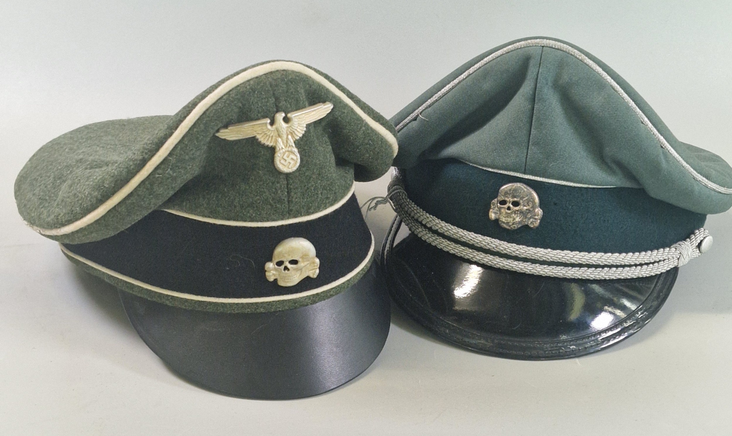 Two German Third Reich Waffen SS style officers crusher/saddle caps ...