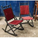 Pair of Edwardian simulated bamboo rocking garden chairs with fabric seats and backs. (2) (B.P.