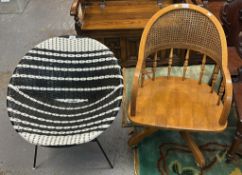 1960s woven plastic black and white Moon or Satellite chair on metal base, together with a cane