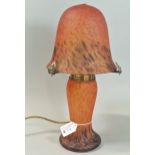 A French Art Nouveau style marble finish glass mushroom table lamp with shade. (B.P. 21% + VAT)