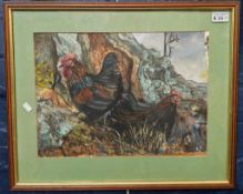 Eve Smith (Welsh 20th century), 'Chickens', signed with initials. Mixed media. 29x39cm approx.