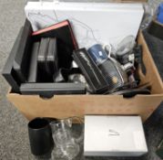 Box of oddments, much relating to Jaguar Cars to include: wall clocks, radiator grill flask, mugs,