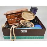 Box of assorted costume jewellery to include: jewellery box with dress rings, necklaces, earrings,