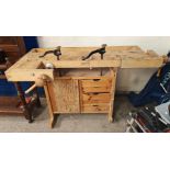 Swedish Sjobergs wooden carpenter's work bench with integral vices, clamps etc. Overall