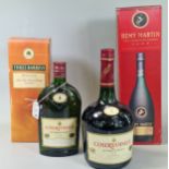 Collection of Cognac to include: Courvoisier 1 litre and 35cl, Three Barrels Rare Old French Brandy,