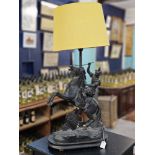 Late Victorian spelter Cavalier on horseback figure on naturalistic base now converted to a table