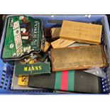 Box of assorted gaming items to include: poker set, dominoes, cribbage boards, draughts, etc. (B.