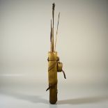 A collection of large Bow, Arrows and spears. In a large vintage leather quiver.