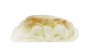 Femme et singe allongés sur une feuille, sculpture en jade, Chine, l. 7,5 cm