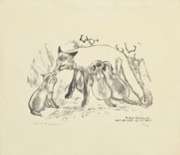 Robert Hainard (1906-1999), "Renarde allaitante", 14 mai 1945, bois gravé, signé, daté et situé "Nan