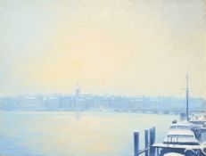 Claude Sauthier (1929-2016), Vue du quai du Mont Blanc, huile sur panneau, signée au verso, 46x61 cm