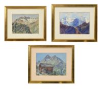 Emile Martin (1865-1941), Paysages de montagne, suite de trois aquarelles sur papier, signées, annot