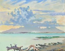 Henri Dufaux (1879-1980), "Le récif et vue de l'île de Moorea", 1935, huile sur panneau, signée et s
