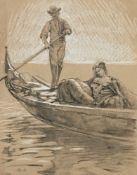 Arthur Calame (1843-1919), Gondolier et élégante, fusain et craie blanche sur papier, monogrammé, 32
