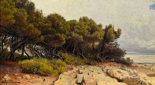 Arthur Calame (1843-1919), Bord de mer, huile sur toile marouflée sur panneau, signée, 14x24,5 cm