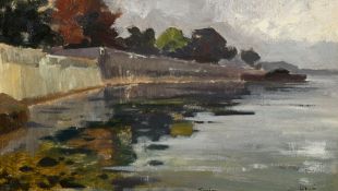 Arthur Calame (1843-1919), Bord de lac, huile sur bristol, monogrammée et située "Genève", 13,5x23 c