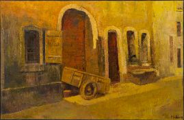 Walter Mafli (1915-2017), Devant de ferme avec charette, 2007, huile sur toile, signée et datée, 130