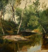 Alexandre Calame (1810-1864), "Arbres et plan d'eau", vers 1850, huile sur papier marouflé sur toile