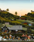 Albert Manser (1937-2011), "Alpsfahrt Morgen früh", 1996, huile sur carton, signée, 19x16 cm (à vue)