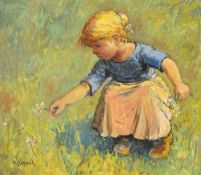 Karl Schenk (1905-1973), Fillette cueillant des fleurs, huile sur masonite, signée, 70x80 cm Au