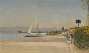 François Bocion (1828-1890), "Les hangars roses du port d'Ouchy", 1890, huile sur toile marouflée su