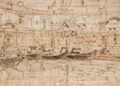 Arthur Calame (1843-1919), Gondoles à Venise, encre sur bois, 27x38 cm Provenance: Marguerite B