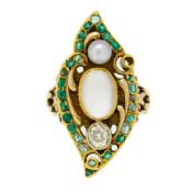 Bague or 750 sertie d'un diamant taille ancienne, cabochon de pierre de lune et d'une perle (non tes