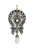 Broche pendentif XIXe s., or et argent retenant une perle goutte naturelle d'eau de mer, selon rappo