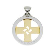 Bulgari, pendentif circulaire or 750 et acier ajourés, signé, h. 6 cm