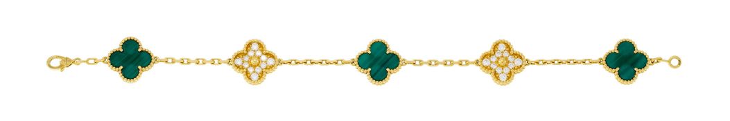 Van Cleef & Arpels, Alhambra, bracelet or 750 alternant des motifs en malachite ou sertis de diamant