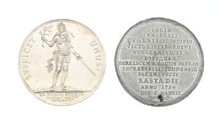 Guerre de Succession d'Espagne, Traité de Rastatt , 2 médailles commémoratives en argent et métal, 1