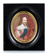 King Charles I, portrait en miniature d'après Daniel Mytens (1590-1648), fin XIXe s., initiales D.M.