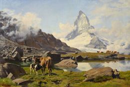 Albert Lugardon (1827-1909), Vue du Cervin et vaches paissant au Rieffelsee, huile sur toile, signée
