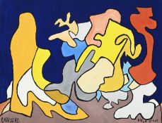 Gaston Chaissac (1910-1964), Formes multicolores sur fond bleu , 1961, gouache sur papier, signée,