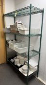 4-shelf Wire Rack and Contents including crockery, glassware, plastic trays, etc (located in