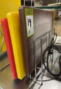 3 various Nylon Chopping Boards and Rack (located in main kitchen)